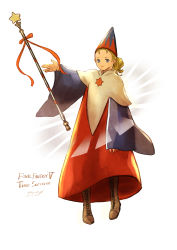 Rule 34 | 1girl, absurdres, blonde hair, boots, brown footwear, casting spell, final fantasy, final fantasy v, hat, highres, holding, holding wand, komugiko no mori, krile mayer baldesion (ff5), ponytail, red robe, robe, square enix, time mage, wand, wide sleeves