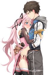 1boy 1girl black_hair blue_eyes blush breasts couple eiyuu_densetsu embarrassed hakuleg hetero highres hug kai_no_kiseki kuro_no_kiseki_(series) long_hair looking_at_another nadia_rayne pink_eyes pink_hair small_breasts smile stuffed_animal stuffed_toy swin_abel teddy_bear thighhighs very_long_hair wavy_mouth