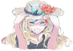 Rule 34 | 1girl, black shirt, blonde hair, blue eyes, blue hair, bug, butterfly, commandant teste (kancolle), flower, grin, hat, hat flower, hibiscus, insect, kantai collection, long hair, multicolored hair, red flower, red hair, rureizi, shirt, short sleeves, simple background, smile, solo, sparkle, straw hat, streaked hair, upper body, white background