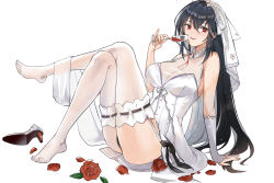 Rule 34 | 1girl, absurdres, ahoge, alcohol, arm support, artist request, azur lane, black hair, black panties, breasts, bridal gauntlets, bridal veil, champagne flute, cleavage, crossed legs, cup, dress, drinking glass, feet, fingerless gloves, flower, full body, garter straps, gloves, hair between eyes, highres, large breasts, long hair, looking at viewer, no shoes, panties, parted lips, petals, pouring, pouring onto self, red eyes, ribbon-trimmed legwear, ribbon trim, rose, see-through, short dress, simple background, sitting, smile, solo, taihou (azur lane), thighhighs, underwear, veil, very long hair, white background, white dress, white gloves, white thighhighs, wine