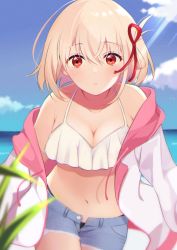 Rule 34 | 1girl, bikini, bikini top only, bikini under clothes, blue sky, blurry, blush, bob cut, breasts, cleavage, closed mouth, cloud, day, denim, denim shorts, depth of field, dot nose, drawstring, hair ribbon, highres, hood, hooded jacket, jacket, leaf, light blush, looking at viewer, lycoris recoil, medium breasts, midriff, mismatched bikini, natsu12113, navel, nishikigi chisato, ocean, off shoulder, one side up, open fly, outdoors, pink jacket, red ribbon, ribbon, short hair, short shorts, shorts, sky, solo, stomach, sunlight, swimsuit, two-sided fabric, two-sided jacket, white jacket