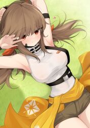Rule 34 | 1girl, armpits, arms up, breasts, brown hair, closed mouth, clothes around waist, covered erect nipples, falcon (girls&#039; frontline), girls&#039; frontline, girls&#039; frontline neural cloud, heart, highres, lying, ohichi16, on back, red eyes, short shorts, shorts, sleeveless, sockdolager (neural cloud), solo