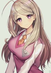 Rule 34 | 10s, 1girl, ahoge, akamatsu kaede, beamed quavers, blush, breasts, brown hair, commentary request, danganronpa (series), danganronpa v3: killing harmony, fortissimo, gambe, hair ornament, highres, long hair, looking at viewer, md5 mismatch, medium breasts, musical note, musical note hair ornament, necktie, parted bangs, purple eyes, quaver, school uniform, semiquaver, simple background, smile, solo, sweater vest