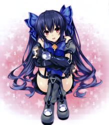 Rule 34 | 10s, 1girl, :d, absurdres, bare shoulders, belt, black hair, blush, boots, bow, chou megami shinkou noire gekishin black heart, crop top, crossed legs, detached sleeves, garter straps, hair ribbon, highres, huge filesize, long hair, looking at viewer, neptune (series), noire (neptunia), official art, open mouth, outline, red eyes, ribbon, shirt, sitting, skirt, smile, solo, star (symbol), taut clothes, taut shirt, thighhighs, tsunako, twintails, very long hair