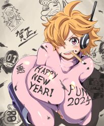 Rule 34 | 1girl, 2024, ass, bodysuit, breasts, breasts squeezed together, calligraphy, calligraphy brush, curvy, dr. vegapunk, drawing, hair over one eye, happy new year, highres, huge ass, jacket, kneeling, large breasts, looking at viewer, new year, one piece, orange hair, paintbrush, pink bodysuit, pink eyes, rubipachiku, shiny clothes, sketch, vegapunk atlas, vegapunk edison, vegapunk lilith, vegapunk pythagoras, vegapunk shaka, vegapunk york, wide hips
