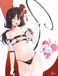 Rule 34 | 1girl, :d, absurdres, ahoge, bare shoulders, belt, belt bra, bikini, black bikini, black hair, black hat, black ribbon, breasts, collarbone, commission, cowboy shot, detached sleeves, elsword, eve (elsword), facial mark, fang, groin, hair ornament, hat, highres, long hair, looking at viewer, low twintails, medium breasts, navel, open mouth, ribbon, see-through, see-through sleeves, smile, solo, standing, stomach, stuffed animal, stuffed rabbit, stuffed toy, swimsuit, thigh gap, thighs, timy, top hat, twintails, white background, yellow eyes