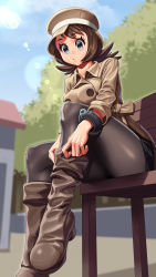 Rule 34 | 1girl, alternate costume, alternate hair color, alternate hairstyle, bench, boots, bracelet, breasts, brown footwear, brown hair, brown hat, buttons, commentary, commission, creatures (company), day, eyelashes, from below, game freak, grey eyes, hat, highres, jewelry, large breasts, lens flare, looking down, lyoung0j, making-of available, medium breasts, nintendo, outdoors, pantyhose, pokemon, pokemon xy, putting on boots, serena (pokemon), shiny clothes, sitting, sky, solo