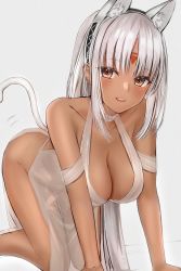 Rule 34 | 1girl, absurdres, all fours, animal ears, azur lane, bare shoulders, blush, breasts, cat ears, cat tail, center opening, cleavage, dark-skinned female, dark skin, dress, efuri (riarea00), facial mark, fake animal ears, fake tail, forehead mark, halter dress, halterneck, hanging breasts, highres, huge filesize, jewelry, large breasts, long hair, looking at viewer, massachusetts (azur lane), massachusetts (dressed to impress) (azur lane), native american, see-through, sleeveless, sleeveless dress, solo, tail, thighlet, white dress, white hair