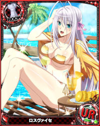 Rule 34 | 1girl, antenna hair, aqua eyes, bikini, blush, breasts, card (medium), character name, chess piece, cleavage, cocktail, cup, day, drink, drinking glass, drinking straw, food, fruit, gold bikini, hair ribbon, happy, high school dxd, jacket, jacket on shoulders, large breasts, long hair, looking at viewer, official art, open mouth, palm tree, ribbon, rook (chess), rossweisse, silver hair, sitting, solo, swimsuit, thighs, torn bikini, torn clothes, trading card, tree, tropical drink, very long hair, water, yellow jacket