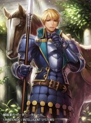 Rule 34 | 1boy, armor, blonde hair, brown eyes, clive (fire emblem), company name, fire emblem, fire emblem cipher, fire emblem echoes: shadows of valentia, gloves, horse, leaf, male focus, mole, mole under mouth, nintendo, official art, open mouth, polearm, solo, spear, upper body, uroko (mnr), weapon