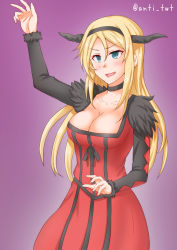 Rule 34 | 1girl, anti (untea9), black hairband, blonde hair, blue eyes, breasts, choker, cleavage, commentary request, cosplay, cowboy shot, dress, fake horns, fur trim, gradient background, hairband, highres, horns, kantai collection, large breasts, long sleeves, maou (maoyuu), maou (maoyuu) (cosplay), maoyuu maou yuusha, nelson (kancolle), purple background, red dress, solo, twitter username