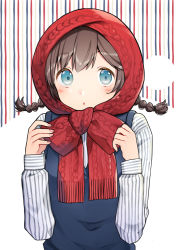 Rule 34 | 1girl, bad id, bad pixiv id, blue eyes, blue vest, blush, braid, brown hair, commentary request, fringe trim, hands up, kurata rine, long hair, long sleeves, looking at viewer, nail polish, original, parted lips, pink nails, red scarf, scarf, shirt, sleeves past wrists, solo, striped background, striped clothes, striped shirt, twin braids, twintails, upper body, vertical-striped clothes, vertical-striped shirt, vest, white background, white shirt