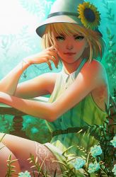 Rule 34 | 1girl, belt, blonde hair, bracelet, chain, chair, cover image, dress, eyebrows, eyelashes, flower, green eyes, green nails, hat, hat flower, highres, jewelry, lace, leaf, lips, looking at viewer, nail polish, sitting, sleeveless, sleeveless dress, solo, striped clothes, striped dress, sunflower, vertical-striped clothes, vertical-striped dress, whispwill, yellow dress