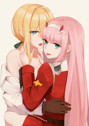 Rule 34 | 10s, 2girls, absurdres, aqua eyes, bare shoulders, between legs, bite mark, blonde hair, blue eyes, breasts, brown gloves, crossover, darling in the franxx, dress shirt, eyeshadow, face-to-face, french kiss, gloves, hair between eyes, hair intakes, hair ribbon, hairband, hand on own hip, hands on neck, highres, horns, kiss, long hair, long sleeves, looking back, makeup, military, military uniform, multiple girls, pink hair, ribbon, saliva, saliva trail, scar, shirt, straight hair, tongue, tongue out, uniform, violet evergarden, violet evergarden (series), white hairband, white shirt, yer, yuri, zero two (darling in the franxx)