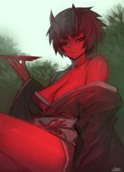 Rule 34 | 1girl, bare shoulders, black kimono, breasts, cleavage, colored skin, cup, hand up, holding, holding cup, horns, japanese clothes, kidouko (zakusi), kimono, large breasts, looking at viewer, no bra, obi, off shoulder, oni, original, parted lips, red oni, red skin, sakazuki, sash, signature, sitting, slit pupils, solo, zakusi