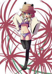 Rule 34 | 1girl, artist request, black thighhighs, blonde hair, blue eyes, clothes lift, female focus, flat chest, full body, gamuo, hat, moriya suwako, navel, no pants, panties, shirt lift, solo, striped clothes, striped panties, thighhighs, touhou, underwear, white background