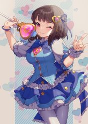 Rule 34 | 1girl, ;), blue ribbon, blue skirt, blue vest, breasts, brown hair, closed mouth, commentary request, commission, diagonal stripes, frilled skirt, frills, hair ornament, hands up, heart, heart hair ornament, highres, holding, holding wand, m/, magical girl, medium breasts, one eye closed, original, pantyhose, pixiv commission, pleated skirt, puffy short sleeves, puffy sleeves, red eyes, ribbon, shirt, short sleeves, skirt, smile, solo, star (symbol), striped, striped background, tahya, vest, wand, white pantyhose, white shirt, wrist cuffs