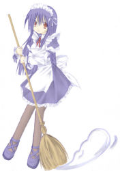 1girl alice_(ragnarok_online) broom brown_pantyhose female_focus maid maid_headdress pantyhose purple_hair ragnarok_online solo