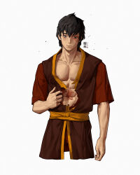 Rule 34 | 1boy, abs, absurdres, avatar: the last airbender, avatar legends, black hair, brown eyes, burn scar, character name, collarbone, highres, male focus, muscular, muscular male, open clothes, open robe, orange sash, patrick ganas, pectorals, red robe, robe, scar, scar across eye, scar on face, scar on stomach, short hair, simple background, solo, torn clothes, upper body, white background, zuko