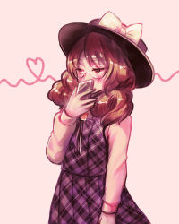 Rule 34 | 1girl, arm at side, arm up, black hat, blush, brown eyes, brown hair, cellphone, commentary request, covering own mouth, cowboy shot, glasses, hat, hat ribbon, heart, heart of string, highres, holding, holding phone, long sleeves, looking away, low twintails, neck ribbon, phone, pink background, plaid, plaid skirt, plaid vest, reika winter, ribbon, school uniform, semi-rimless eyewear, shirt, short hair, simple background, skirt, smartphone, solo, standing, touhou, twintails, under-rim eyewear, usami sumireko, vest, white shirt