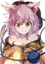 Rule 34 | 1girl, animal ears, bare shoulders, blue hair, breasts, brown hair, cat ears, cat girl, cat tail, cleavage, commentary request, frown, hat, heart, heart of string, highres, kana (user rkuc4823), kemonomimi mode, komeiji koishi, medium breasts, multicolored hair, off shoulder, sleeves past fingers, sleeves past wrists, solo, streaked hair, tail, third eye, tilted headwear, touhou, two-tone hair, upper body, whiskers
