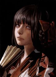 Rule 34 | 1girl, black background, black hair, bow, braid, brown eyes, closed mouth, folding fan, from side, hair bow, hair ribbon, hand fan, highres, holding, holding fan, imai takahiro, japanese clothes, kimono, long hair, looking at viewer, original, paper fan, portrait, print kimono, realistic, red bow, ribbon, simple background, solo, traditional media, yukata