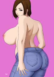 Rule 34 | 1girl, artist name, ass, breasts, brown eyes, brown hair, clothes pull, dan hayakawa, denim, huge ass, huge breasts, jeans, lips, looking at viewer, looking back, mature female, naughty face, nipples, original, pants, pants pull, pink background, short hair, simple background, smile, solo, tomboy, topless