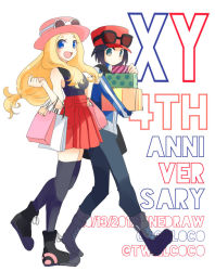 Rule 34 | 1boy, 1girl, :d, anniversary, black footwear, black hair, blonde hair, blue eyes, blue jacket, blush, calem (pokemon), cocoloco, commentary request, creatures (company), dated, eyelashes, eyewear on headwear, game freak, gift, holding, holding gift, jacket, looking to the side, nintendo, open mouth, pants, pink headwear, pleated skirt, pokemon, pokemon xy, red headwear, red skirt, serena (pokemon), shoes, skirt, smile, standing, sunglasses, thighhighs, tongue