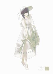 1girl absurdres black_hair character_request closed_mouth dress earrings fate/grand_order fate_(series) full_body grey_eyes hair_between_eyes highres jewelry short_hair sidelocks simple_background skirt_hold solo white_background white_dress white_footwear yuishironeko