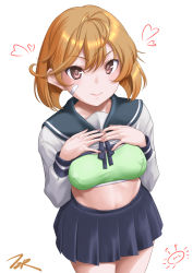 Rule 34 | 1girl, ahoge, alternate sleeve length, artist name, bandaid, bandaid on face, blue sailor collar, blue skirt, bra, brown eyes, brown hair, closed mouth, clothes lift, commentary request, cowboy shot, green bra, hair between eyes, hands on own chest, highres, kantai collection, long sleeves, looking at viewer, oboro (kancolle), pleated skirt, sailor collar, school uniform, serafuku, shirt lift, short hair, simple background, skirt, solo, sports bra, t2r, underwear, white background