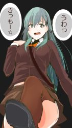 Rule 34 | 10s, 1girl, ascot, commentary request, from below, green eyes, green hair, hair ornament, hairclip, hand on own shoulder, highres, jacket, kantai collection, leg up, long hair, miniskirt, open mouth, school uniform, shika cho, shoes, sketch, skirt, sktiims, solo, star (symbol), suzuya (kancolle), thighhighs, translation request