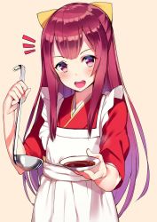 Rule 34 | 10s, 1girl, ^^^, apron, bow, hair bow, highres, japanese clothes, kamikaze (kancolle), kantai collection, kimono, ladle, long hair, looking at viewer, maid, open mouth, orihi chihiro, purple eyes, purple hair, solo, wa maid