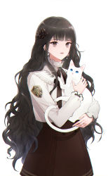 Rule 34 | 1girl, :3, animal, black hair, blue eyes, blunt bangs, brown skirt, cat, earrings, fingernails, flower ring, grey eyes, hair ornament, highres, holding, holding animal, holding cat, jewelry, korean commentary, long bangs, long hair, long sleeves, looking up, mabinogi, mole, mole under mouth, parted lips, shield, simple background, skirt, solo, tagatsu, upper body, white background, white sleeves