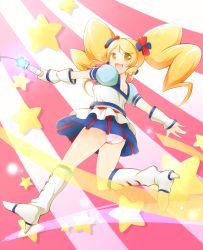 Rule 34 | 10s, 1girl, alternate form, arakawa tarou, blonde hair, blush, boots, cure honey, cure honey (popcorn cheer), eyelashes, hair ornament, happinesscharge precure!, happy, high heel boots, high heels, highres, knee boots, kneehighs, long hair, looking at viewer, magical girl, multicolored clothes, multicolored skirt, oomori yuuko, open mouth, precure, puffy sleeves, shirt, skirt, smile, socks, solo, twintails, wrist cuffs, yellow eyes