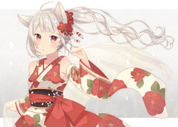 Rule 34 | 1girl, ahoge, animal ears, blush, bow, detached sleeves, flower, fox ears, grey hair, hair flower, hair ornament, japanese clothes, kimono, long hair, looking at viewer, nagitoki, open mouth, original, ponytail, red eyes, simple background, solo, wide sleeves