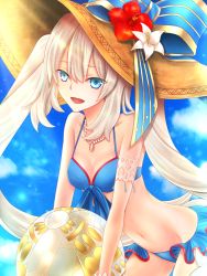 Rule 34 | 1girl, :d, ball, beachball, bikini, blue bikini, blue bow, blue eyes, bow, breasts, cleavage, collarbone, fate/grand order, fate (series), floating hair, flower, groin, hair between eyes, hat, hat bow, hat flower, hibiscus, holding, holding ball, jewelry, leaning forward, long hair, marie antoinette (fate), marie antoinette (fate/grand order), marie antoinette (swimsuit caster) (fate), marie antoinette (swimsuit caster) (third ascension) (fate), medium breasts, navel, necklace, open mouth, red flower, shinobu1132, silver hair, smile, solo, striped, striped bow, sun hat, swimsuit, very long hair, white flower, yellow hat