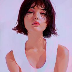 Rule 34 | 1girl, bad id, bad tumblr id, bare shoulders, black eyes, black hair, breasts, chromatic aberration, cleavage, half-closed eyes, ilya kuvshinov, lips, lipstick, looking at viewer, makeup, real life, realistic, red lips, shirt, short hair, simple background, small breasts, solo, tamashiro tina, tank top, upper body, white background, white shirt