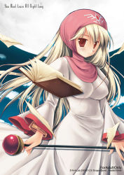 Rule 34 | 1girl, beret, blonde hair, blush, book, breasts, chunsoft, cowboy shot, dragon quest, dragon quest ii, dress, enix, floating, floating object, gem, hat, hood, large breasts, long sleeves, looking at viewer, miyasu risa, princess of moonbrook, red eyes, solo, orb, standing, wand, white dress