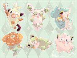 Rule 34 | alternate color, animal focus, argyle, argyle background, argyle clothes, clefairy, closed eyes, commentary request, creatures (company), fang, game freak, gen 1 pokemon, gen 2 pokemon, gen 3 pokemon, gen 5 pokemon, gen 8 pokemon, green background, grookey, hanabusaoekaki, holding, holding stick, monkey, nintendo, no humans, one eye closed, open mouth, pokemon, pokemon (creature), shiny pokemon, sitting, sleeping, snivy, solid oval eyes, sparkle, spinda, stick, tail, teddiursa, vileplume