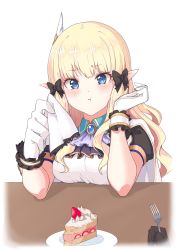 Rule 34 | 1girl, absurdres, black bow, blonde hair, blue eyes, blush, bow, breasts, elf, hair bow, hair ornament, handkerchief, highres, holding, holding handkerchief, large breasts, long hair, looking at viewer, plate, pointy ears, princess connect!, saren (princess connect!), simple background, solo, xiangcao xing chen bing