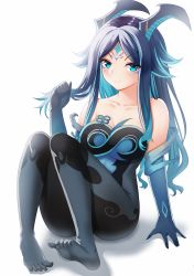 Rule 34 | 1girl, absurdres, bare shoulders, black bodysuit, black hair, blue eyes, blue gloves, blue hair, bodysuit, bonanus (genshin impact), breasts, cleavage, closed mouth, collarbone, commentary request, elbow gloves, forehead, genshin impact, gloves, highres, horns, knees up, long hair, looking at viewer, medium breasts, multicolored hair, no shoes, pantyhose, parted bangs, shadow, simple background, sitting, smile, soles, solo, streaked hair, two-tone hair, very long hair, white background, zhai mu q