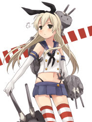 Rule 34 | 10s, 1girl, :&lt;, anchor, bad id, bad pixiv id, blonde hair, blush, elbow gloves, gloves, hairband, highleg, highleg panties, kantai collection, long hair, looking away, navel, panties, personification, rensouhou-chan, sailor collar, shimakaze (kancolle), simple background, solo, striped clothes, striped thighhighs, thighhighs, tomo (sjim), underwear, white background