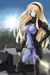 Rule 34 | 1girl, black hairband, blue eyes, breasts, covered navel, forest, fortified suit, hair behind ear, hairband, hand on own hip, highres, irisdina bernhard, long hair, looking at viewer, medium breasts, muv-luv, muv-luv alternative, nature, pilot suit, schwarzesmarken, skin tight, sky, smile, solo, sunlight, tsutarou, very long hair