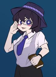 Rule 34 | 1girl, black-framed eyewear, black hair, black skirt, blue background, blush, book, breasts, bright pupils, collared shirt, commentary request, cookie (touhou), cowboy shot, fedora, glasses, grey vest, hat, highres, holding, holding book, jijii (nicoseiga91467756), looking at viewer, medium breasts, necktie, open mouth, parody, purple eyes, purple hat, purple necktie, rectangular eyewear, scotch (cookie) (style), shirt, short hair, simple background, skirt, smile, solo, style parody, uzuki (cookie), vest, white pupils, white shirt
