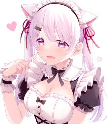 Rule 34 | 1girl, :d, absurdres, animal ear fluff, animal ears, black bow, black bowtie, blush, bow, bowtie, breasts, cat ears, cleavage, frills, hair ornament, hair ribbon, hairclip, hand up, heart, highres, index finger raised, konase (non stop!), large breasts, long hair, maid, maid headdress, nijisanji, open mouth, pink eyes, pink hair, puffy short sleeves, puffy sleeves, ribbon, shiina yuika, shiina yuika (5th costume), short sleeves, simple background, smile, solo, upper body, virtual youtuber, white background