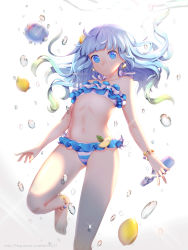 Rule 34 | 1girl, :o, absurdres, air bubble, anklet, arms at sides, bad id, bad pixiv id, bare arms, bare legs, bare shoulders, barefoot, bikini, blue eyes, blue hair, blunt bangs, bottle, breath, bubble, collarbone, cowboy shot, earrings, flat chest, floating hair, food, freediving, frilled bikini, frills, fruit, glint, gradient hair, green hair, hair ornament, highres, holding, holding bottle, holding breath, jewelry, leaf, leg up, legs apart, lemon, lemon slice, long hair, looking at viewer, making-of available, mismatched bikini, multicolored hair, navel, naver username, open mouth, original, ramune, side-tie bikini bottom, solo, sparkle, standing, standing on one leg, stomach, striped bikini, striped bikini bottom, striped clothes, swimsuit, toes, underwater, water, water bottle, water drop, watermark, web address, white bikini, y.i. (lave2217)