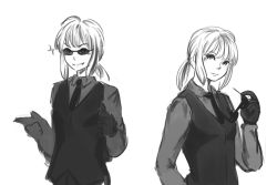 1girl androgynous anonymous_drawfag artoria_pendragon_(fate) drawfag dress_shirt fate/zero fate_(series) female_focus gloves greyscale highres monochrome necktie non-web_source ponytail reverse_trap saber_(fate) shirt short_ponytail sidelocks solo sunglasses vest