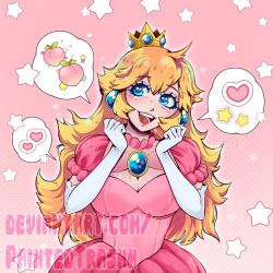 Rule 34 | 1girl, :d, absurdres, blonde hair, blue eyes, breasts, cleavage, commentary, crown, deviantart username, dress, earrings, elbow gloves, english commentary, food, fruit, gloves, hands up, happy, heart, highres, jewelry, large breasts, long hair, mario (series), nintendo, open mouth, paintedtrashh, peach, pink background, pink dress, princess peach, smile, solo, speech bubble, sphere earrings, spoken heart, spoken star, star (symbol), starry background, super mario bros. 1, teeth, upper teeth only, watermark, web address, white gloves