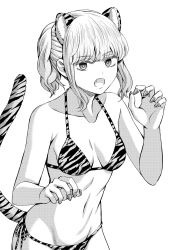 Rule 34 | 1girl, animal ears, animal print, bare arms, bare legs, bare shoulders, bikini, breasts, eyebrows hidden by hair, fake animal ears, fake tail, greyscale, highres, looking at viewer, monochrome, nail polish, open mouth, original, short hair, simple background, solo, stomach, swimsuit, tail, tiger ears, tiger print, tiger tail, white background, yamakeitokokoro