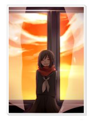 Rule 34 | 1girl, bad id, bad pixiv id, black hair, closed eyes, curtains, endolu, enpera, hair ornament, hairclip, kagerou project, long hair, loss time memory (vocaloid), red scarf, scarf, school uniform, smile, solo, tateyama ayano, vocaloid, window